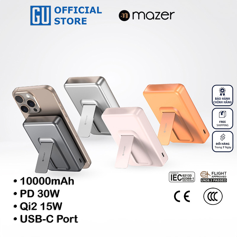 Pin Sạc Dự Phòng Không Dây MAZER MagAir21 Qi2 15W PD 30W 10000mAh Chứng Nhận CCC Có Chân Đế Nhôm Màn Hình Led Mỏng 19mm Hàng Chính Hãng