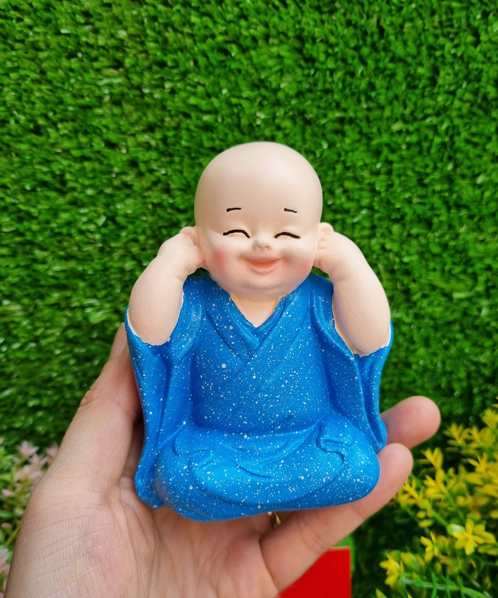 Bộ 04 chú tiểu Tứ Không áo màu xanh dương 10cm - tặng kèm túi 50 xu vàng mini may mắn