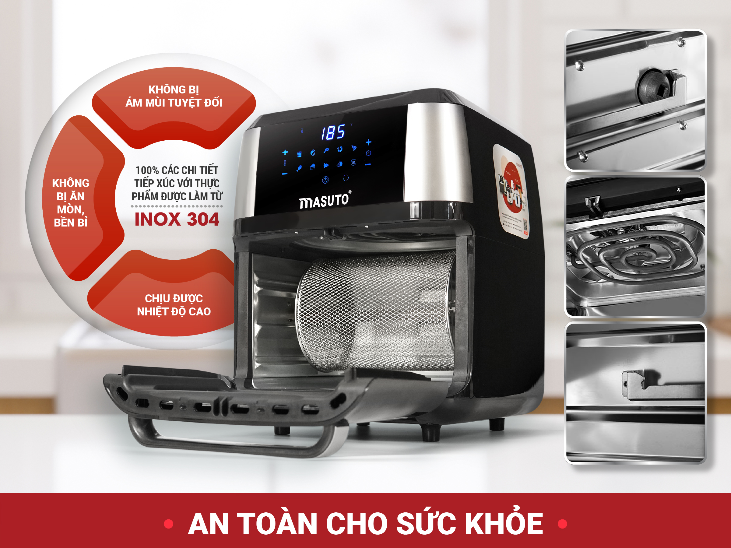 Nồi Chiên Không Dầu Masuto 12L Nướng Gà Nguyên Con Giỏ Inox Cao Cấp Thực Phẩm Chín Đều Ngoài Giòn Trong Mềm Mọng Nước-Hàng chính hãng