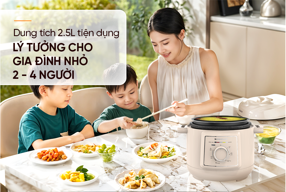 Nồi áp suất điện đa năng 2.5L Sunhouse SHD1520 - Lòng nồi dày 1.8mm - Đa chức năng nấu - Xả áp bằng nút ấn - Hàng chính hãng