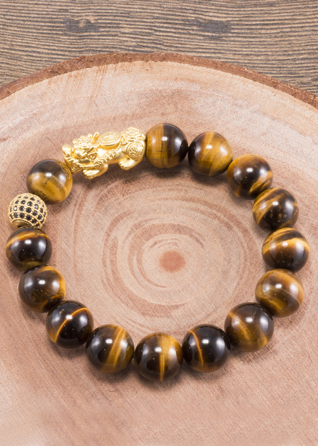 Vòng Tay Nam Đá Mắt Hổ Vàng Nâu Phối Tỳ Hưu Bạc Mạ Vàng 24K Ngọc Quý Gemstones