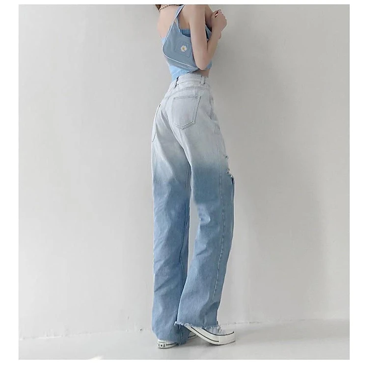 Quần jean baggy nữ loang màu cạp cao phong cách ulzzang - Quần bò baggy lưng cao loang màu rách gối