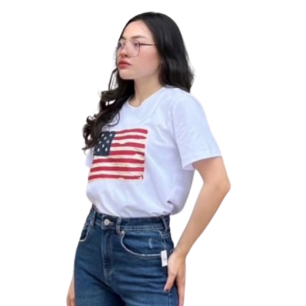 Áo Thun Nữ Hình Cờ Mỹ, Hình Thêu Chất Thun Cotton Mịn Mát , Mã CM001