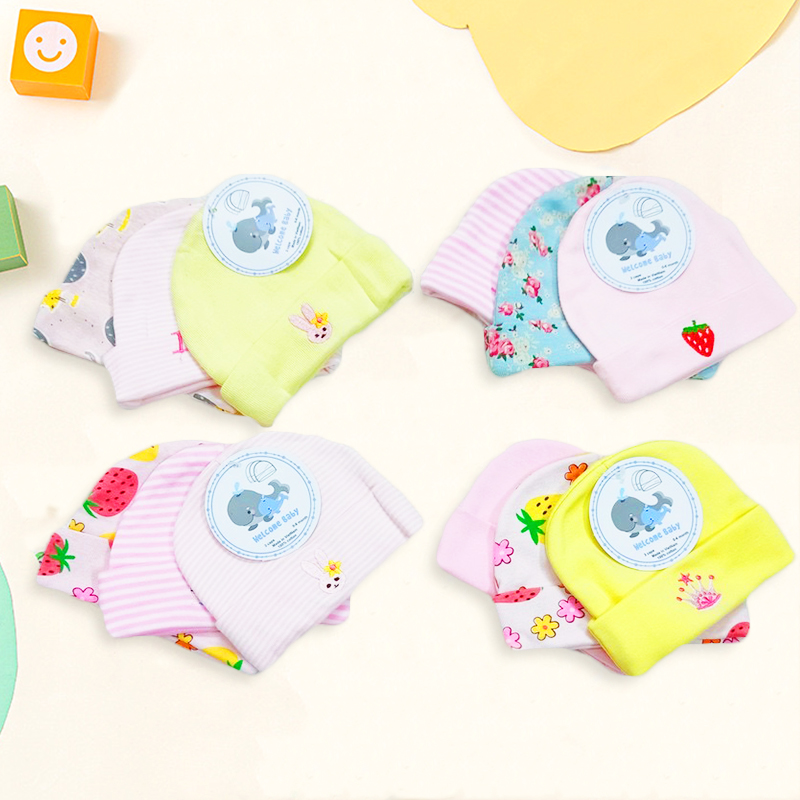 Set 3 nón mũ sơ sinh cho bé trai và bé gái từ 0-6 tháng tuổi chất thun cotton dày nhiều họa tiết – SS004