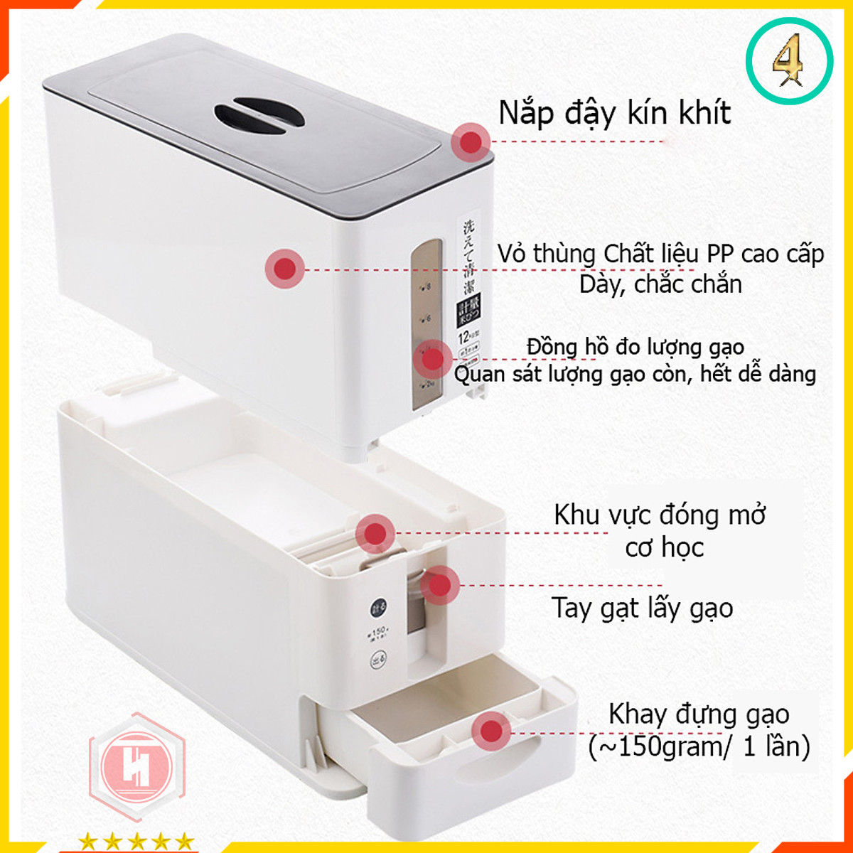 Thùng đựng gạo thông minh 12KG xuất Nhật - HT SYS -Chống côn trùng - Chống ẩm mốc - Chất lượng chuẩn Nhật