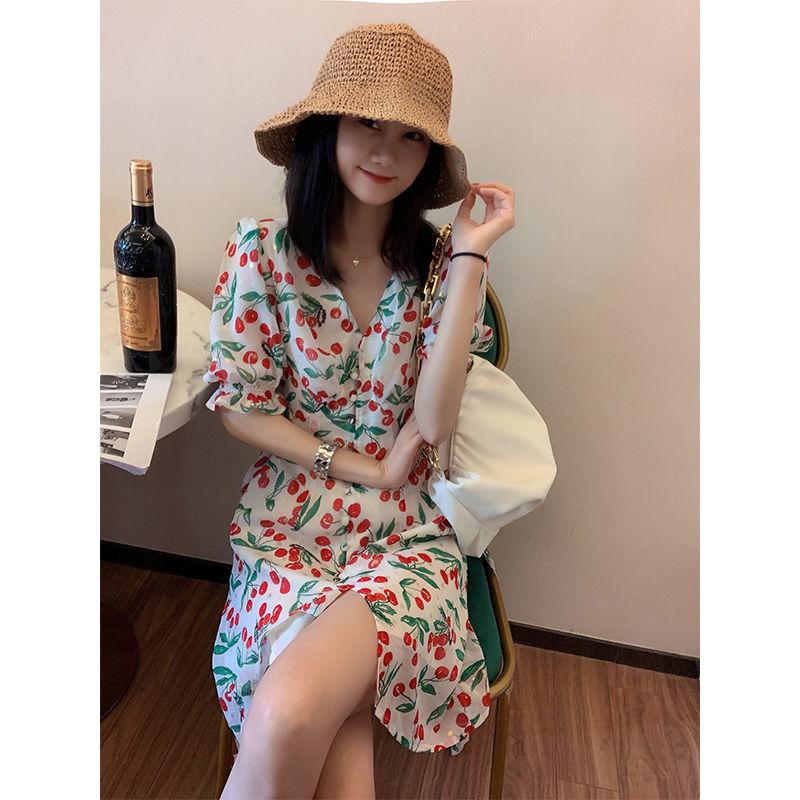 TOBE1SHOP 2021 mùa hè thắt lưng ngọt ngào trà nghỉ váy nữ Pháp anh đào chiffon hoa bong bóng tay áo đầm dài