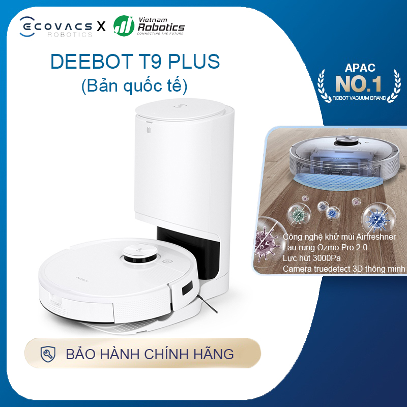 Robot hút bụi lau nhà Ecovacs Deebot T9 Plus - Trắng Bản Quốc tế - App Tiếng Việt, hàng nhập khẩu chính hãng full VAT, bảo hành chính hãng 24 tháng bởi Vietnam Robotics, lực hút 3000Pa, thời gian hoạt động 3 giờ liên tục