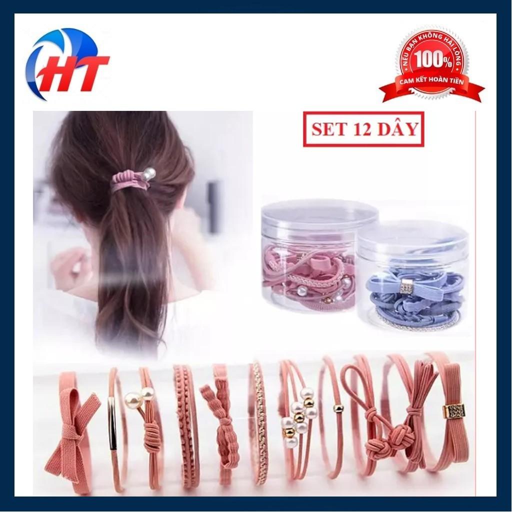 Set 12 dây cột tóc co giãn thiết kế thắt nơ đính hạt châu dễ thương