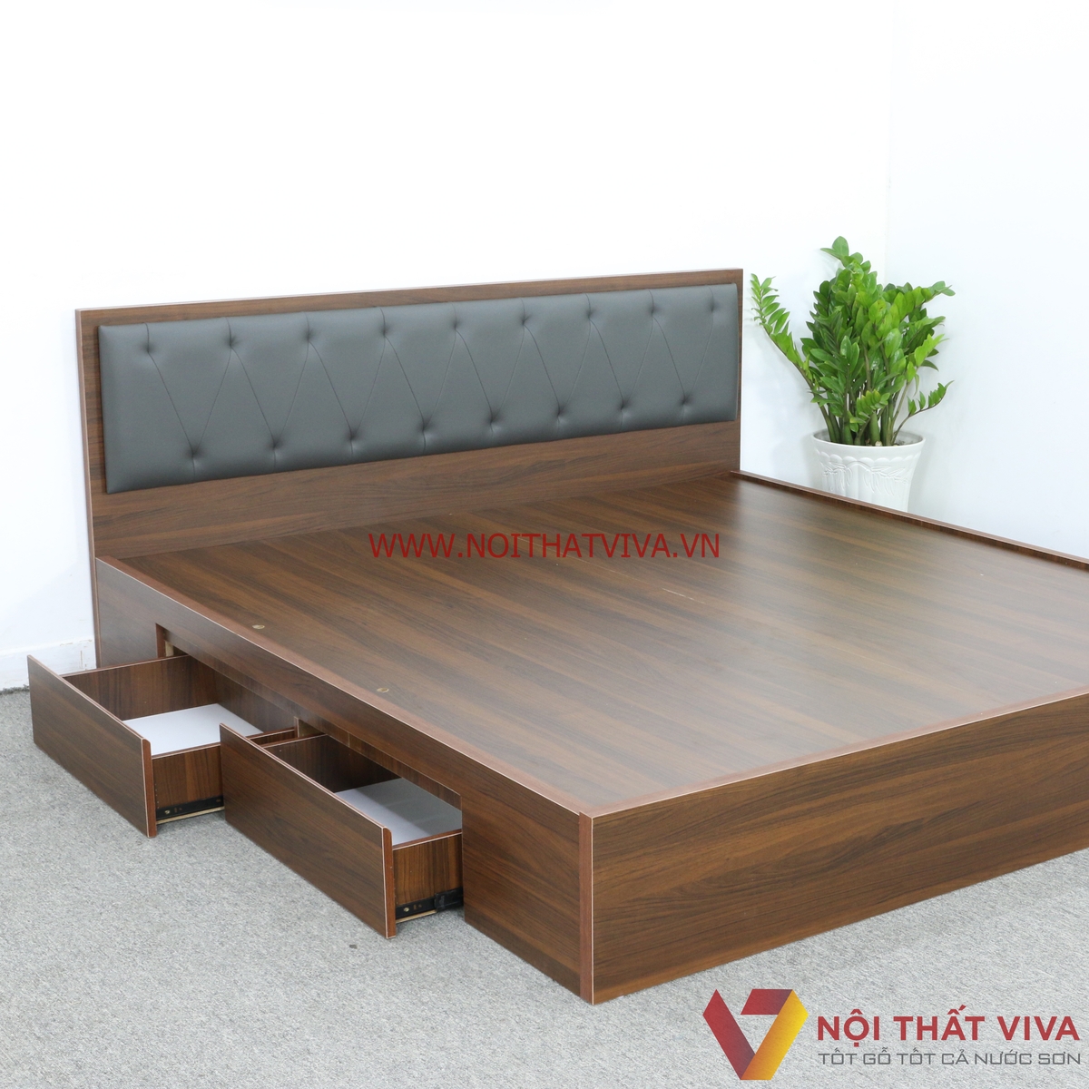 Giường Ngủ Gỗ MDF Phủ Melamine Màu Nâu Có Ngăn Kéo + Đầu Nệm Đen Đẹp