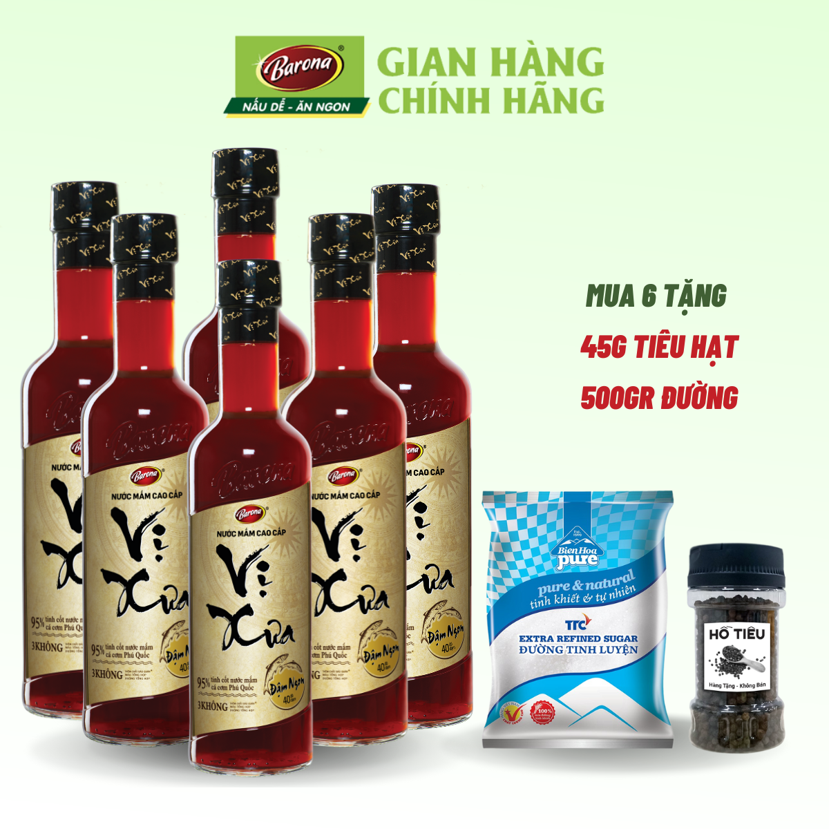 Nước Mắm Phú Quốc Cao Cấp Vị Xưa Barona 40 độ đạm 1 Thùng (6 chai x 500ml) [tặng 500g đường và 100g Bột ngọt]