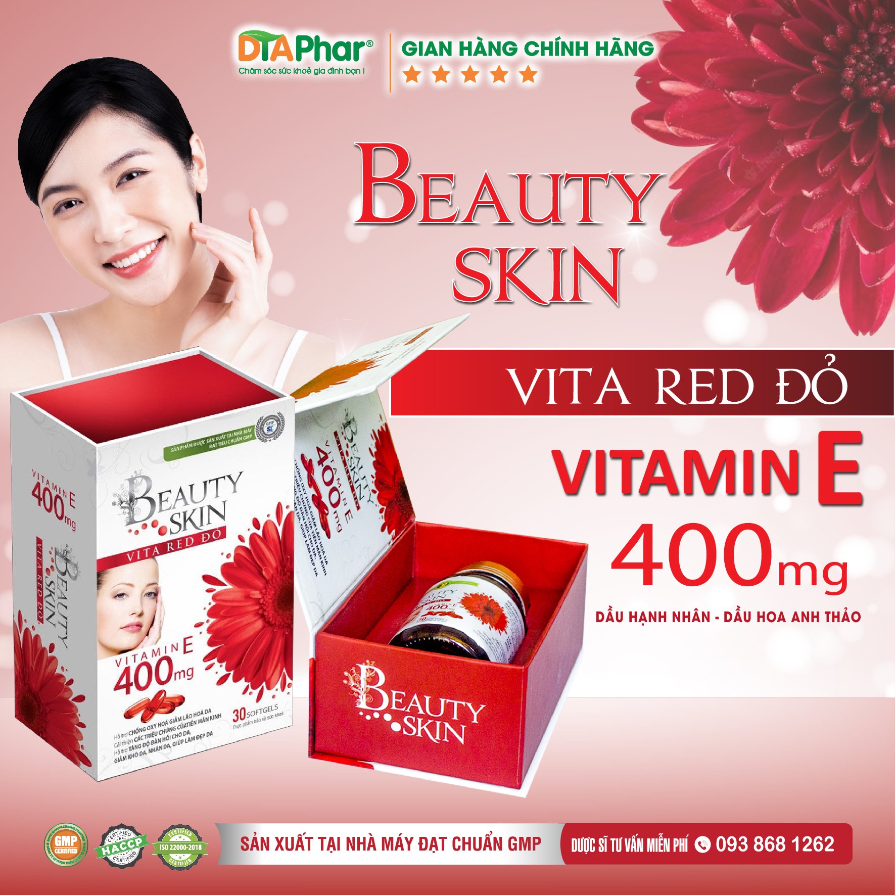 Hình ảnh Viên uống Beauty Skin Vita Red Bổ sung vitamin E chống lão hoá da cho phụ nữ Họp 30 viên Tâm An Pharma