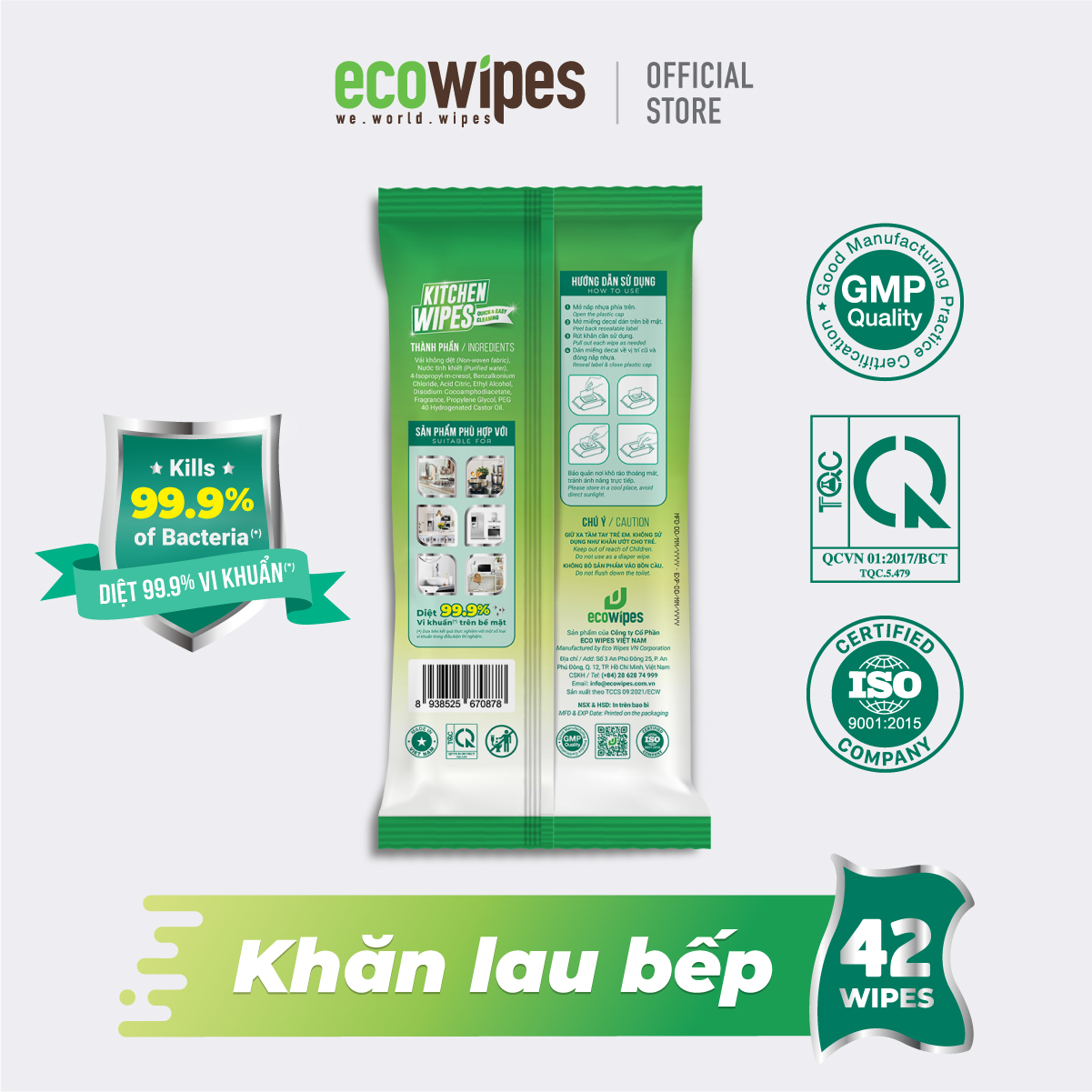 Khăn ướt lau bếp Ecowipes 42 tờ - 1 gói