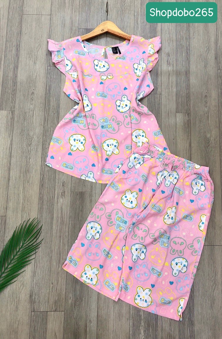 Đồ bộ nữ, đồ ngủ mặc nhà lửng tay cánh tiên vải lanh mềm ,mát BL 183 họa tiết dễ thương size 45-70kg