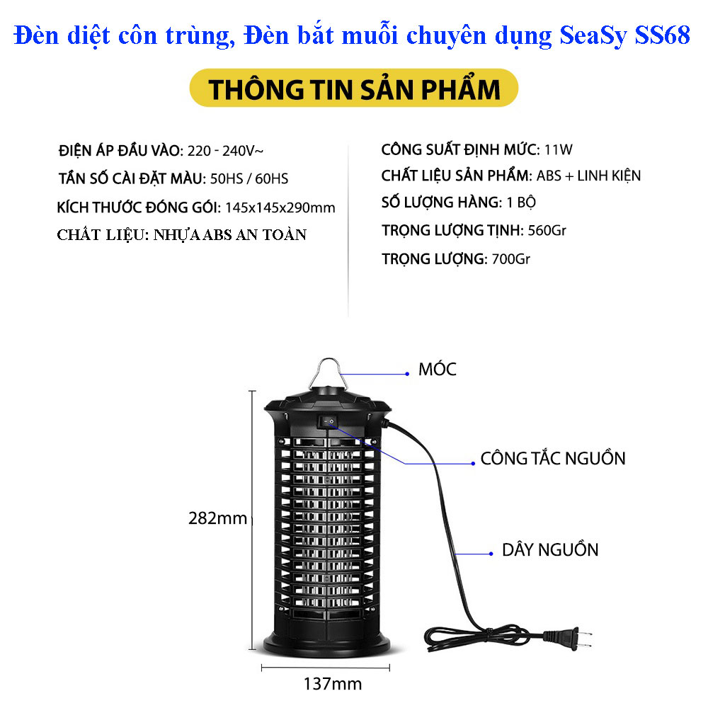 Đèn Diệt Côn Trùng, Đèn Bắt Muỗi Chuyên Dụng SeaSy SS68, Kiêm Đèn Led Ngủ, Vận Hành Êm Ái, Không Gây Tiếng Ồn, Không Gây Mùi, An Toàn Sử Dụng, Tiêu Diệt Côn Trùng, Muỗi Cả Ban Ngày Và Ban Đêm – Hàng Chính Hãng.