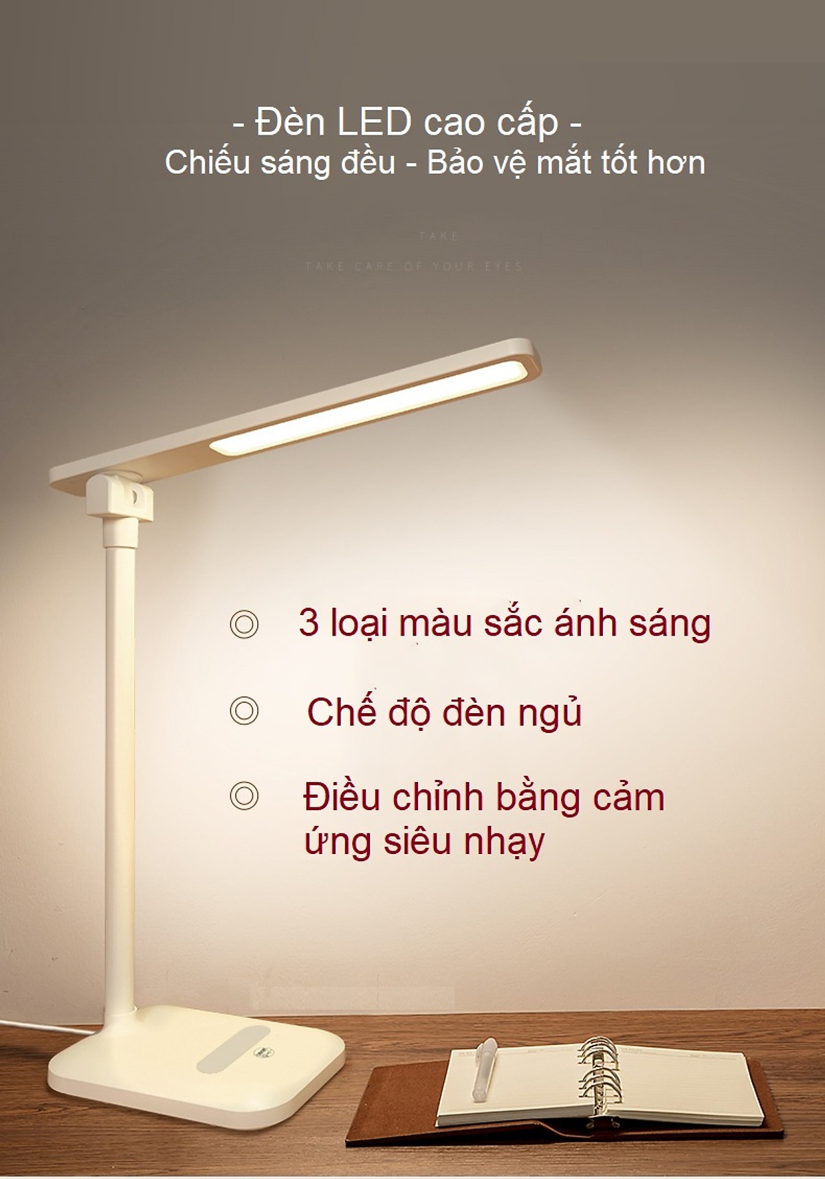 Đèn Học Bảo Vệ Mắt Tùy Chỉnh 3 Chế Độ Ánh Sáng - Nút Bấm Cảm Ứng Sạc Tiện Lợi HOMESHEEL - Hàng Chính Hãng