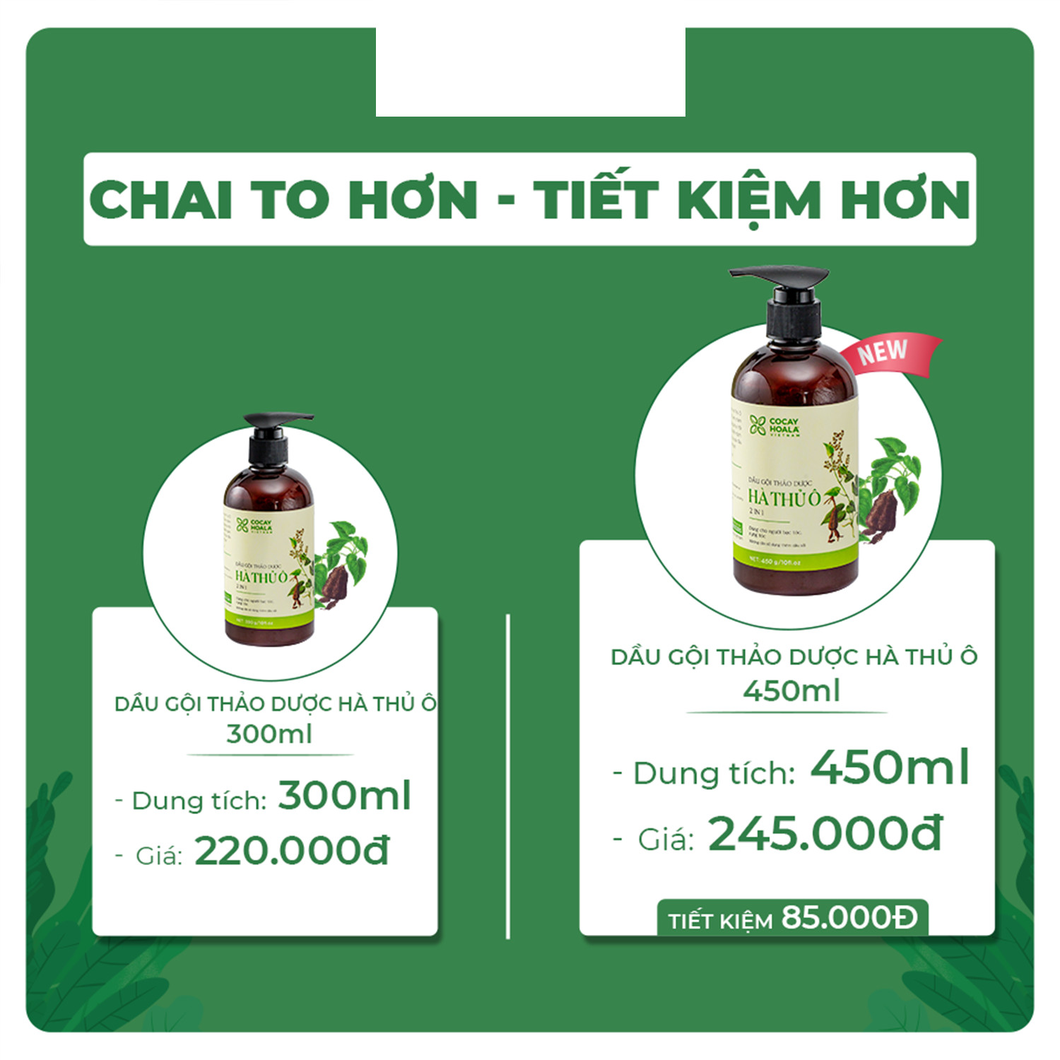 Dầu Gội Hà Thủ Ô 2in1 Dành Riêng Cho TÓC BẠC Và RỤNG TÓC Cocayhoala Chai Lớn 450g Tiết Kiệm Hơn 1,5 lần