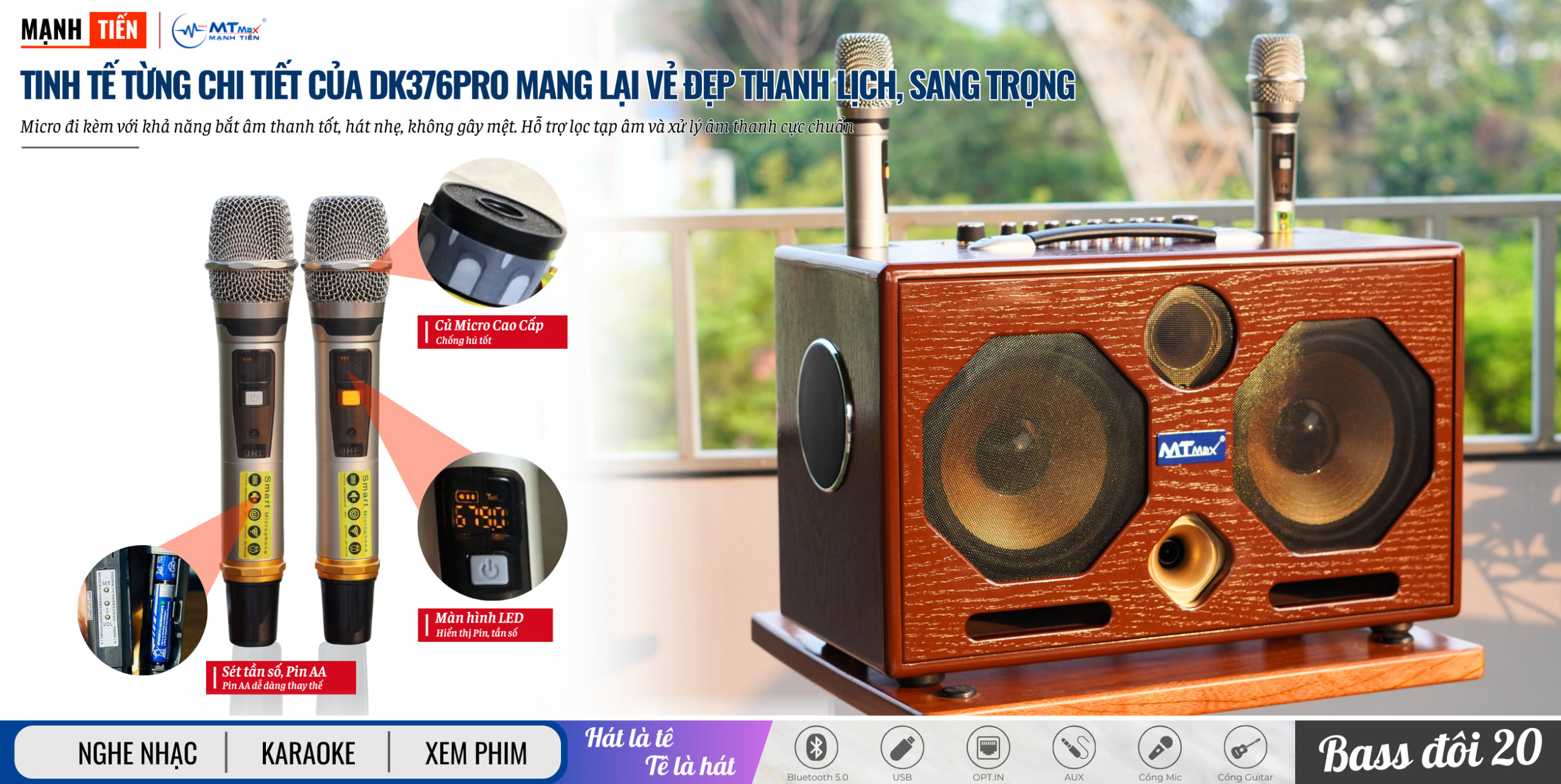 Loa Karaoke Xách Tay Full Gỗ Mới Nhất 2024 - MTMAX DK376 Pro - Loa 3 Đường Tiếng Công Suất Lớn 600W, Bass Đôi 2 Tấc, Âm Thanh Mạnh Mẽ, Đi Kèm 2 Micro Cao Cấp, Bảo Hành Hàng Chính Hãng 12 Tháng