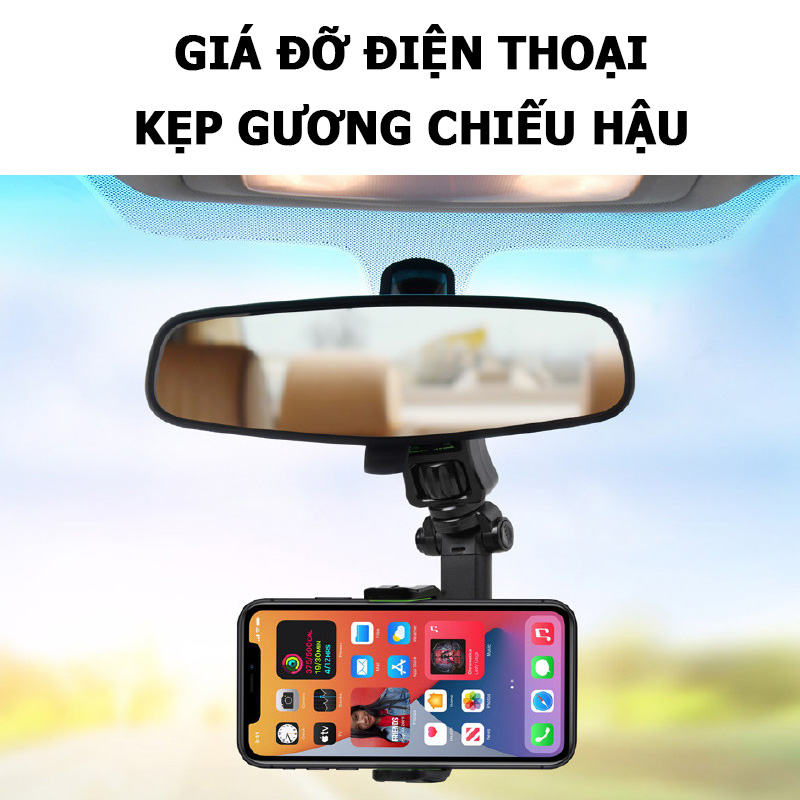 Giá Đỡ Điện Thoại, Kẹp Gương Chiếu Hậu Ô Tô; Xoay 360 Độ, Thay Đổi Được Chiều Dài - Hàng Nhập Khẩu