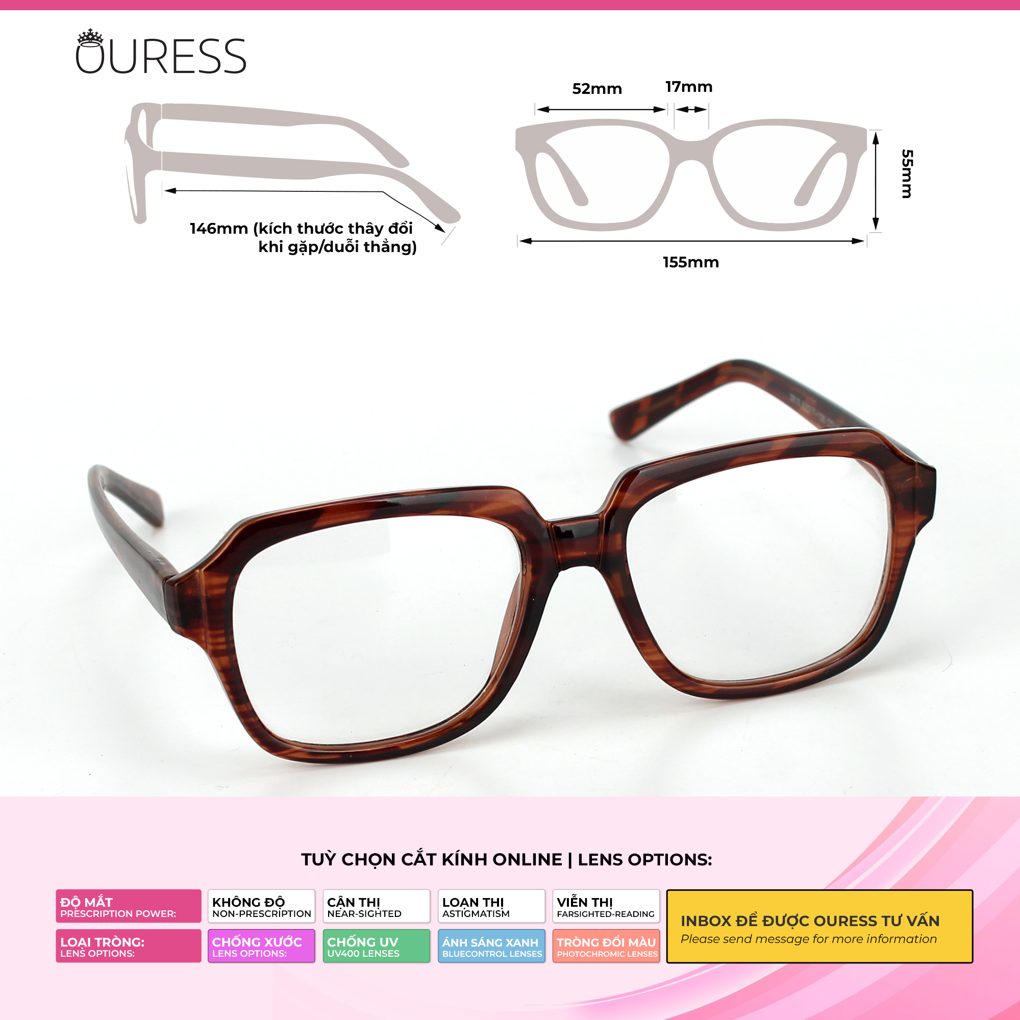 Gọng kính unisex nhựa Acetate cao cấp 3818 size 52-54-58-60