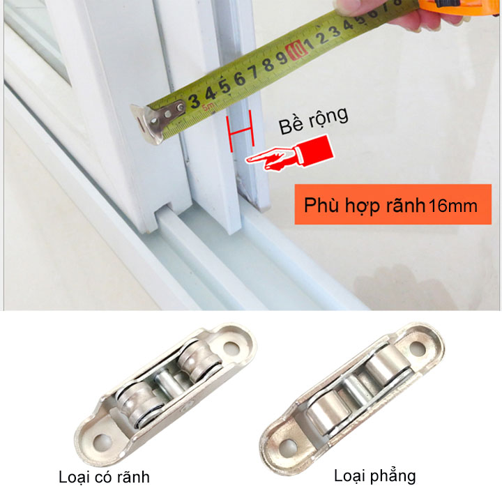 Bộ 2 bánh xe đôi loại rộng 16mm cho cửa trượt, cửa lùa bằng thép mạ kẽm chống gỉ, dùng cho cửa nhựa, nhôm, thép