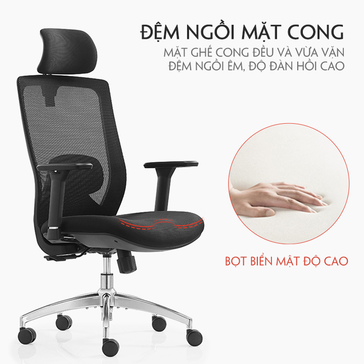 Ghế xoay văn phòng cao cấp, ghế xoay công thái học đệm cao su , lưng lưới, tựa đầu, ghế làm việc, ghế giám đốc