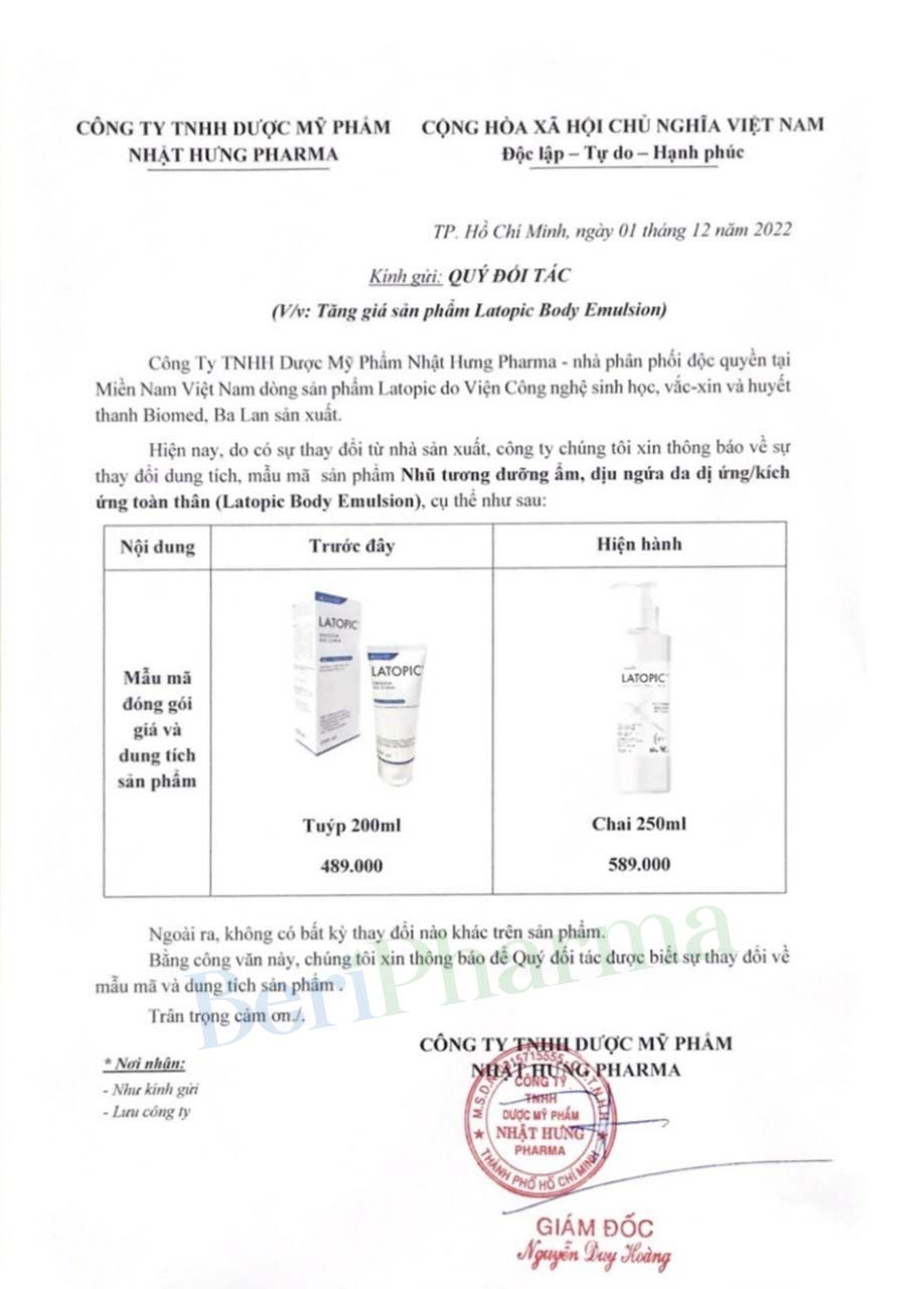 Latopic Nhũ Tương Dưỡng Ẩm, Dịu Ngứa Da Dị Ứng/ Kích Ứng Toàn Thân Body Emulsion 200ml