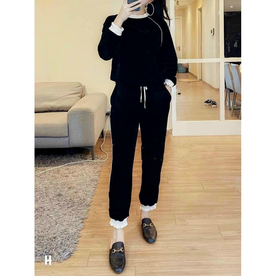 bộ đồ nữ thu đông chất nỉ nhung bo viền xinh xắn coco land ulzzang