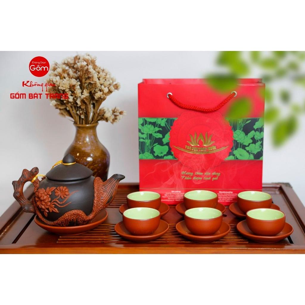 Bộ Ấm Trà Gốm Đắp Tách Lót S2 Gốm Bát Tràng