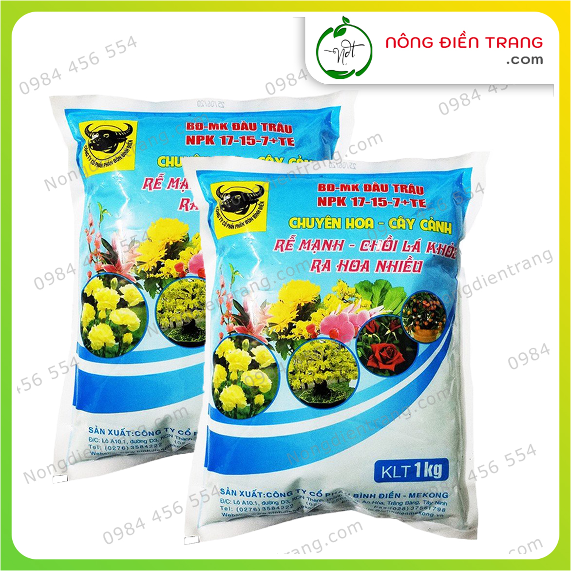 Bộ 02 Phân Bón NPK 17-15-7 + TE BĐ-MK Đầu Trâu - Gói 1kg - Phân Xanh Giúp Rễ Mạnh, Chồi Lá Khỏe, Ra Hoa Nhiều Chuyên cho Hoa, Cây Cảnh VTNN Nông Điền Trang