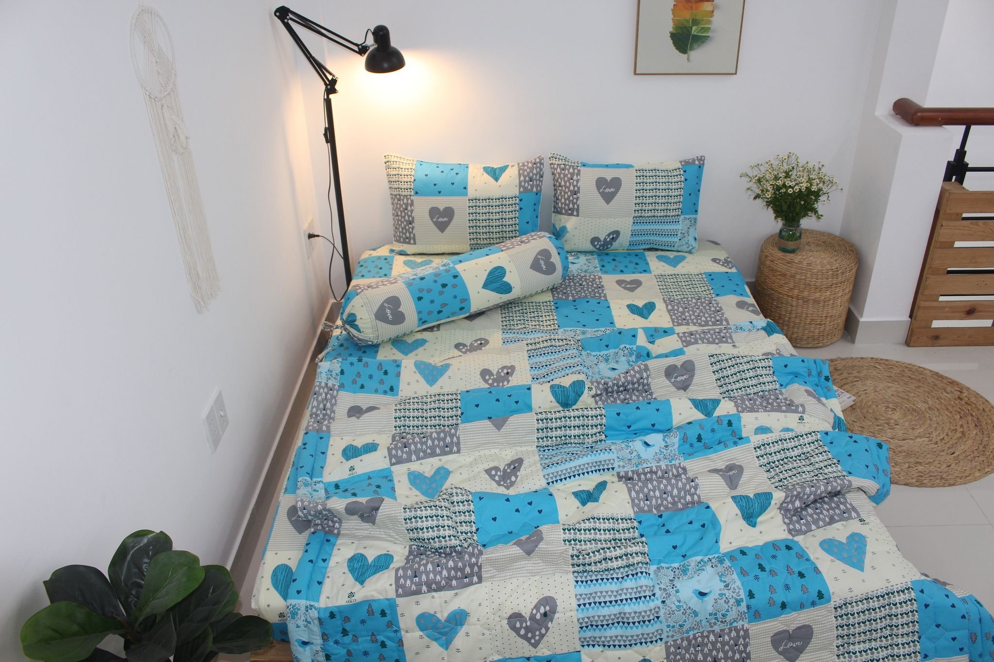 Bộ drap gối KHA LY - 100% cotton thiên nhiên - Ô Vuông Tim Xanh - VN243