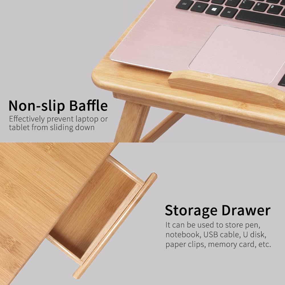 Foldable Bamboo Laptop Table 4-gear Adjustable Laptop Desk with Drawer Cup Slot for 13-15.6 inch Laptop