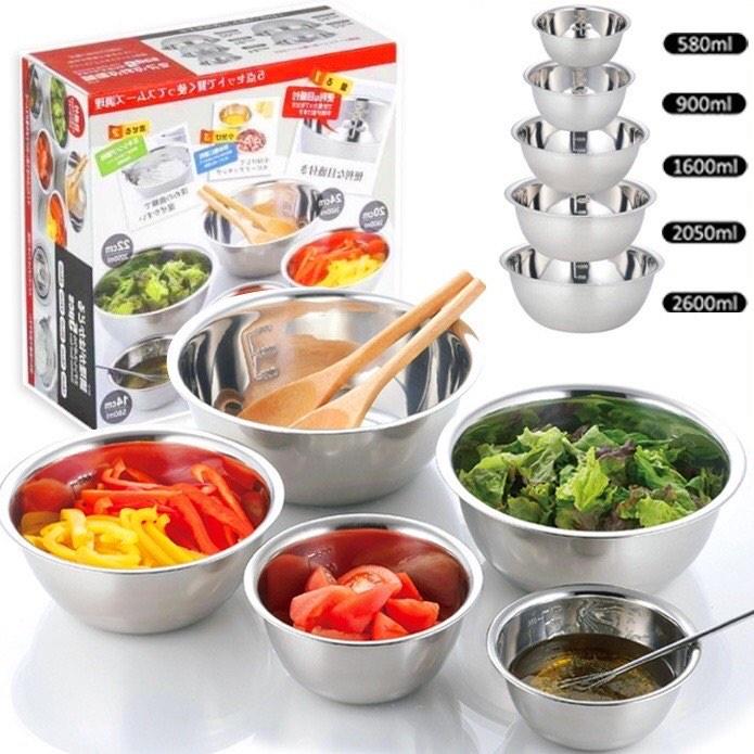 Bộ thau rổ inox 304 set 5 món, Chậu rổ nhà bếp-Onlycook (inox mờ)