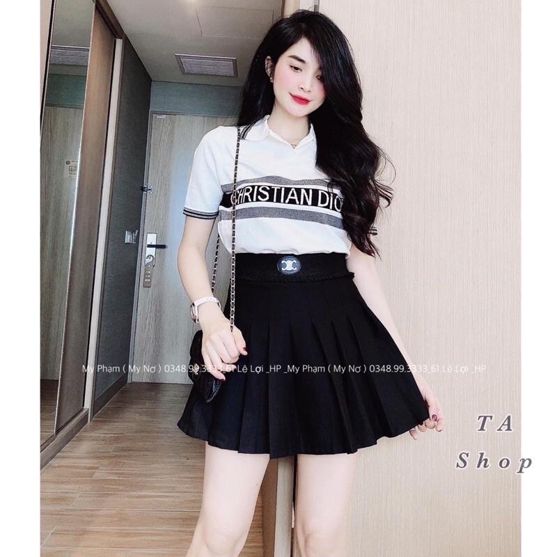 Áo len nữ dệt kim cổ bẻ cộc tay viền chữ ngực hàng QC