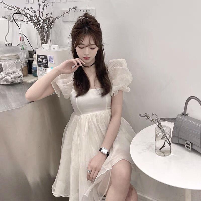 Đầm Babydoll Nữ Cổ Vuông Voan Kính Dáng Xòe Cộc Tay