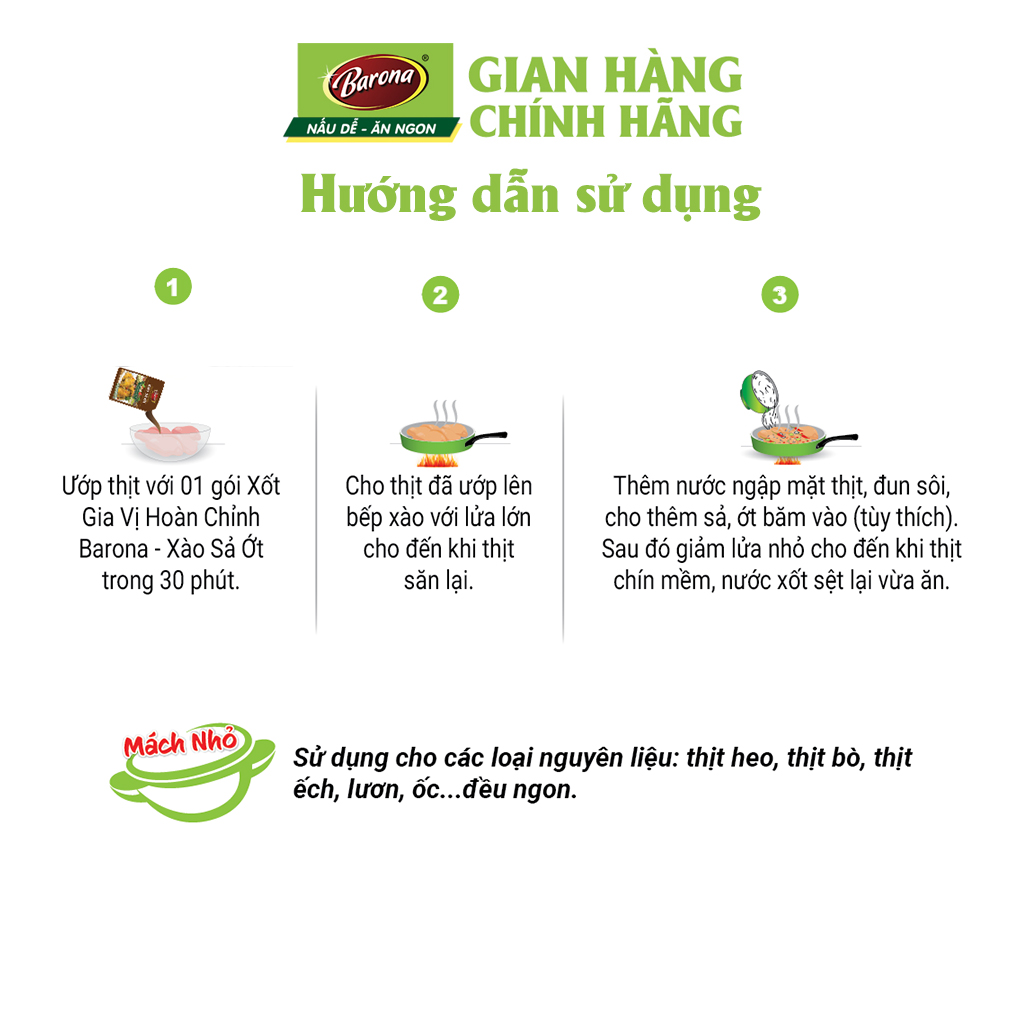 Combo 3 gói Xốt Gia vị hoàn chỉnh Barona - Xào Sả Ớt 80gr