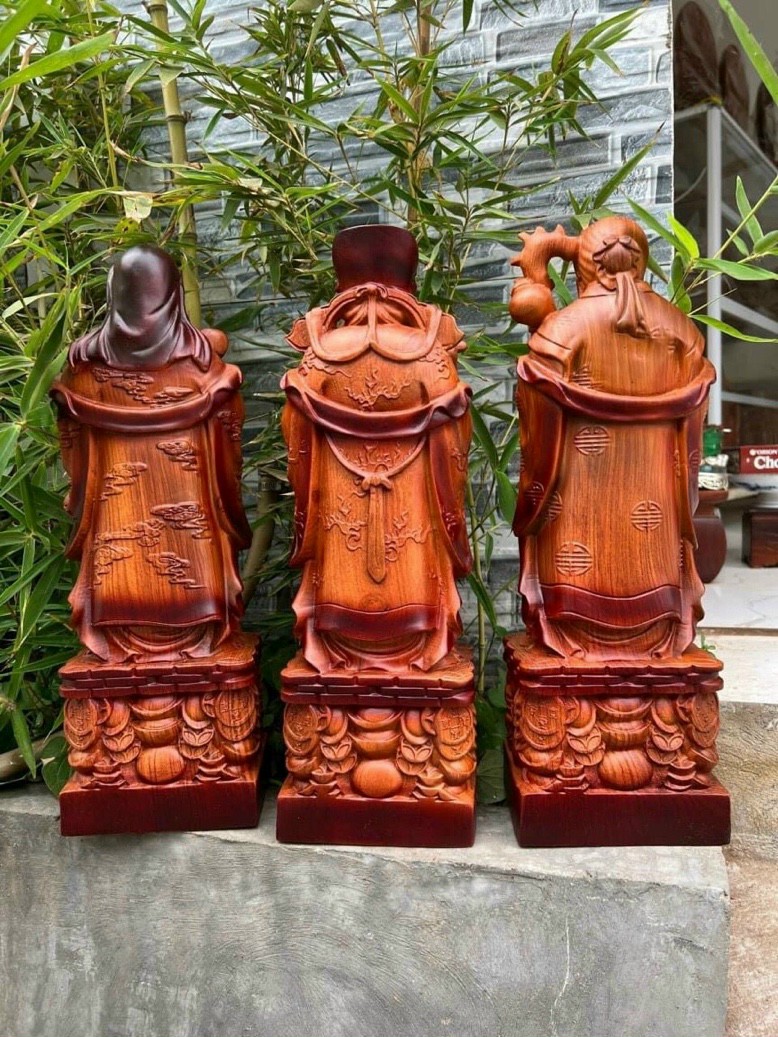 Bộ tượng phật tam đa phúc lộc thọ bằng gỗ hương đá pu giả cổ kt cao 60×18×15cm
