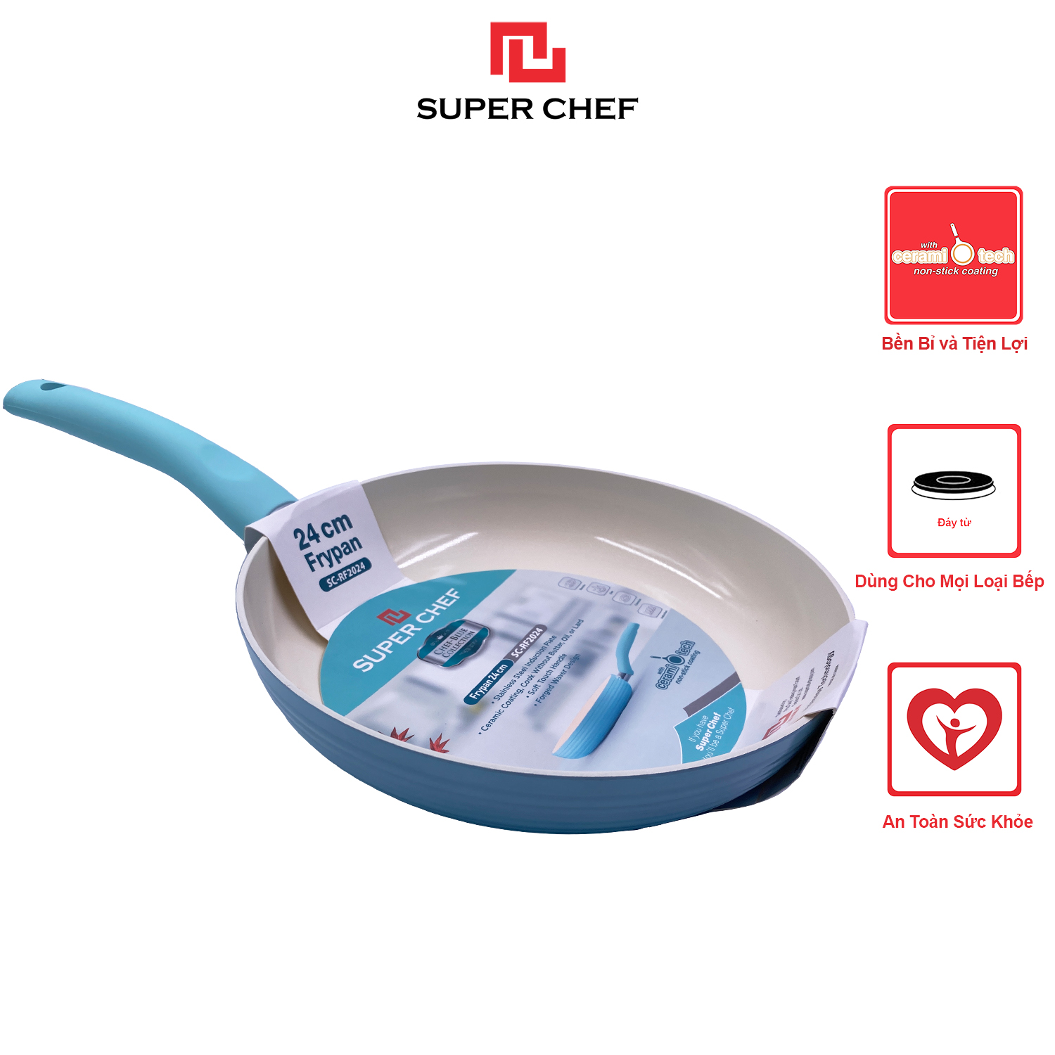 Chảo Chống Dính Ceramic Chef Blue Đáy Từ Cao Cấp Siêu Bền Bỉ Dùng Cho Mọi Loại Bếp ( size 24 cm)