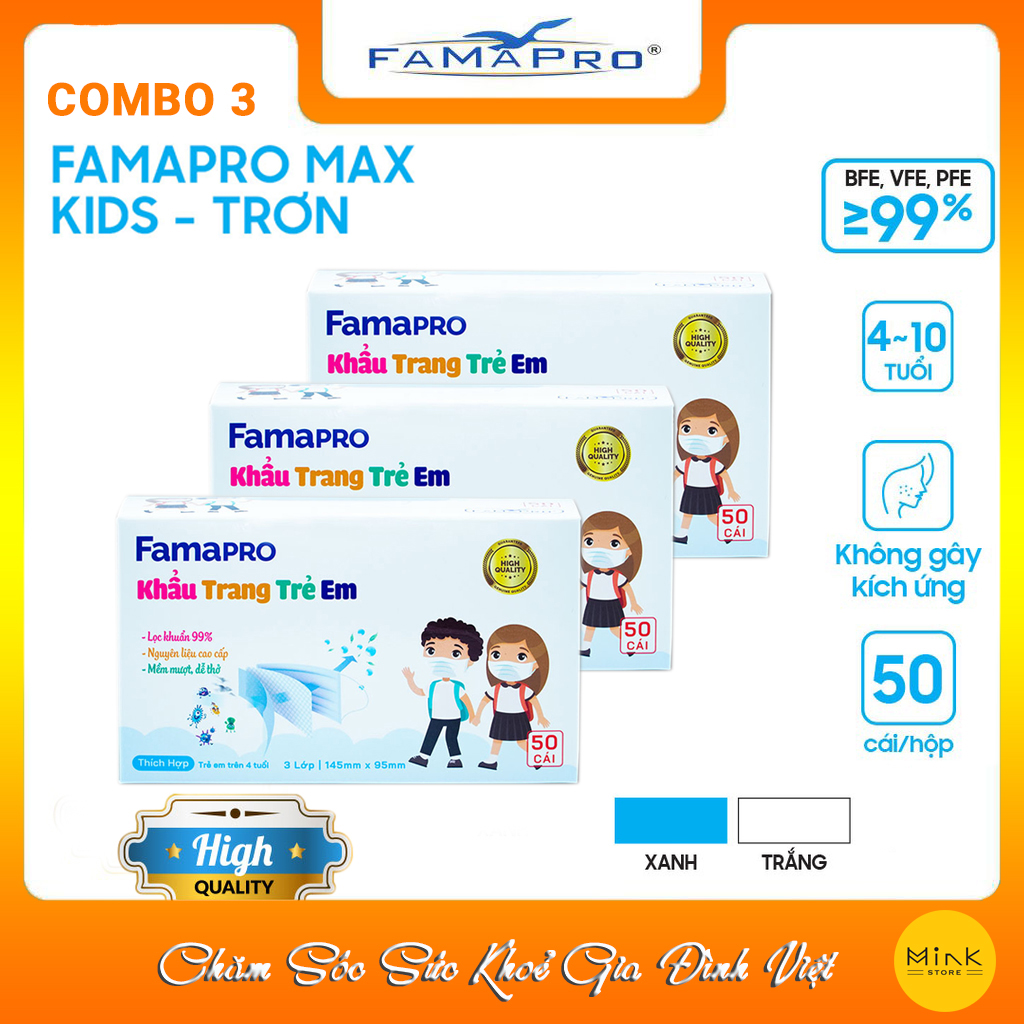 - khẩu trang y tế trẻ em kháng khuẩn 3 lớp Famapro Max Kid - COMBO 3 HỘP