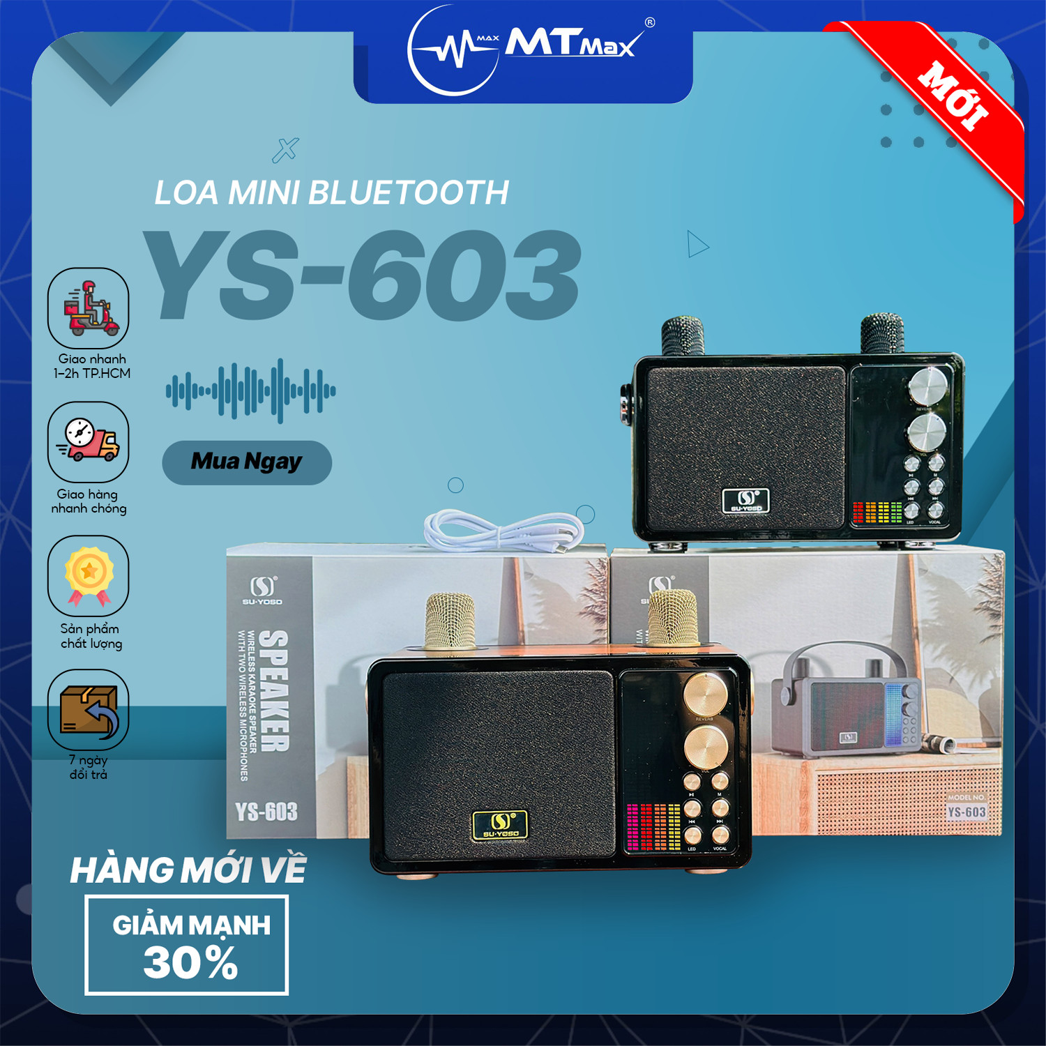 Loa Bluetooth Mini YS-603, Công Suất 40W, Nhỏ Gọn, Âm Thanh Cực Hay, Bass Căng, Đi Kèm 2 Micro Karaoke Thay Đổi Giọng Nói, Bảo Hành 6 Tháng Hàng Chính Hãng