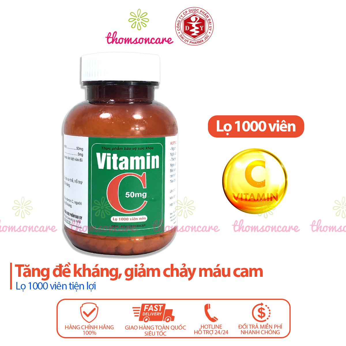 Vitamin C 50mg lọ 1000 viên nén - Bổ sung Vitamin C cho cơ thể, tăng cường sức đề kháng, giảm chảy máu cam