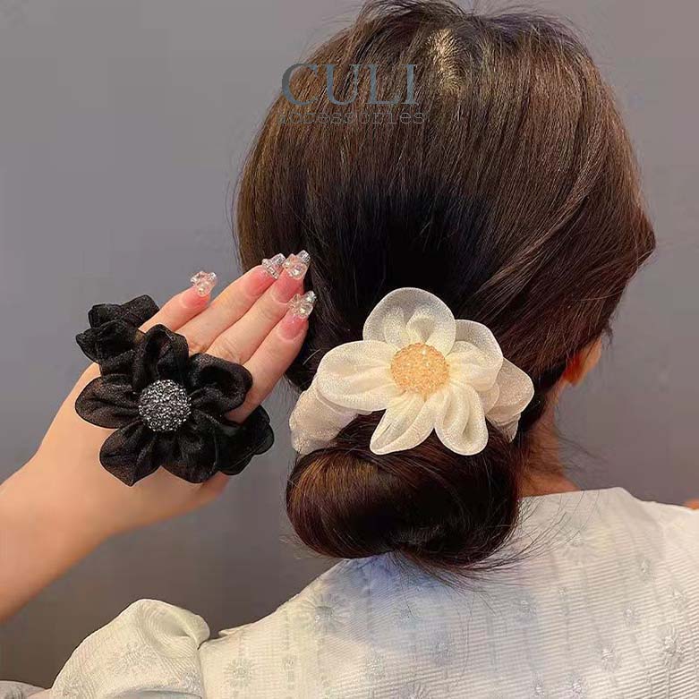 Dây cột tóc bông hoa vải voan nhũ kết đá siêu xinh - Culi accessories