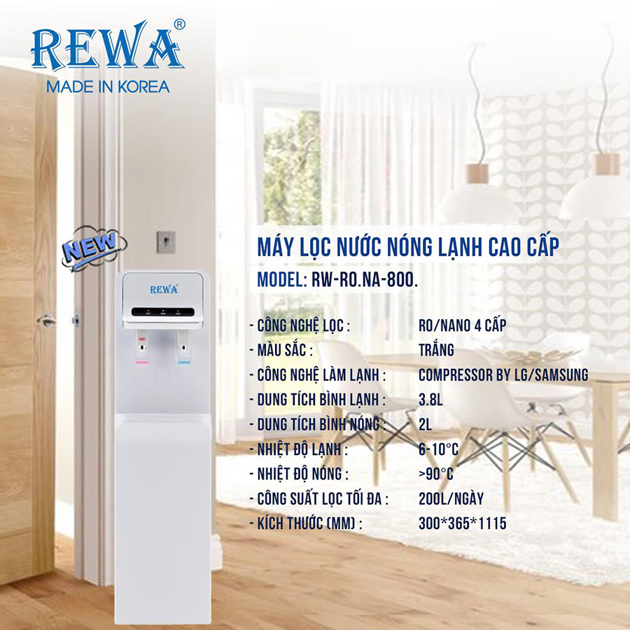 Máy Lọc Nước Nóng Lạnh Công nghệ Nano/VF Hàn Quốc REWA - RW-NA-800.WHITE - Hàng chính hãng