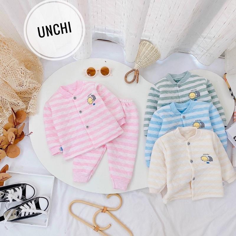 Bộ dài tay nỉ xốp cao cấp UNCHI cho bé cúc giữa, Bộ dài tay thu đông cho bé