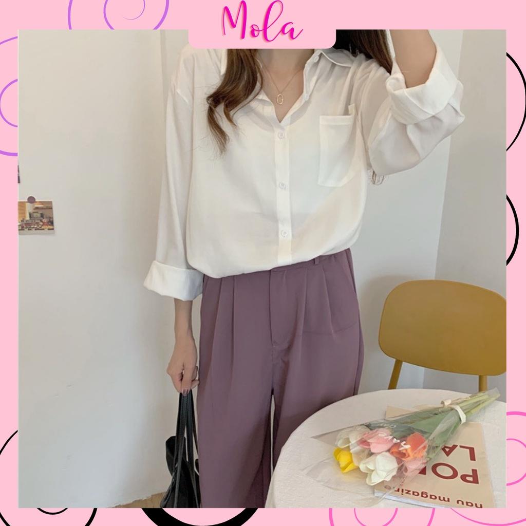 Áo Sơ Mi Form Rộng MOLA Màu Trắng Dáng Dài 1 Túi Kiểu Hàn Quốc Vintage Ulzzang Tiểu Thư Bánh Bèo Chất Đũi
