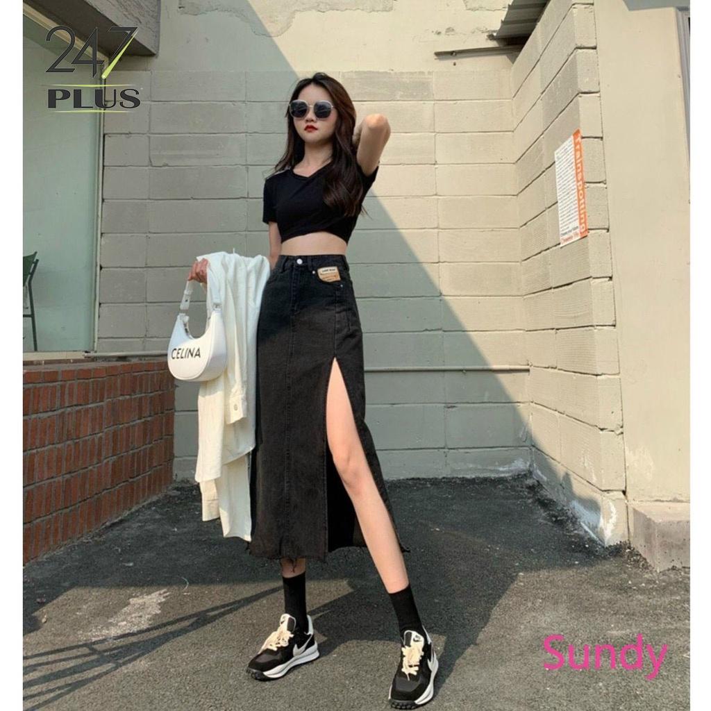 Chân váy bò dài xẻ chân cạp cao tôn dáng