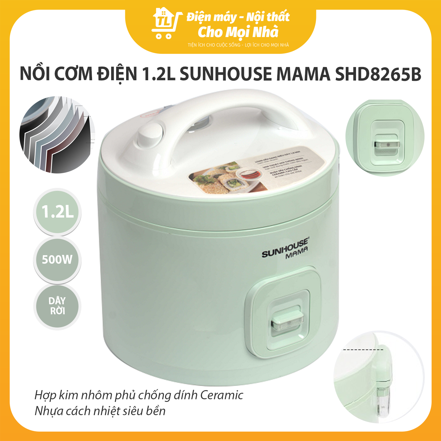 Nồi Cơm Điện Nắp Gài 1.2L Sunhouse Mama SHD8265B - Hàng Chính Hãng