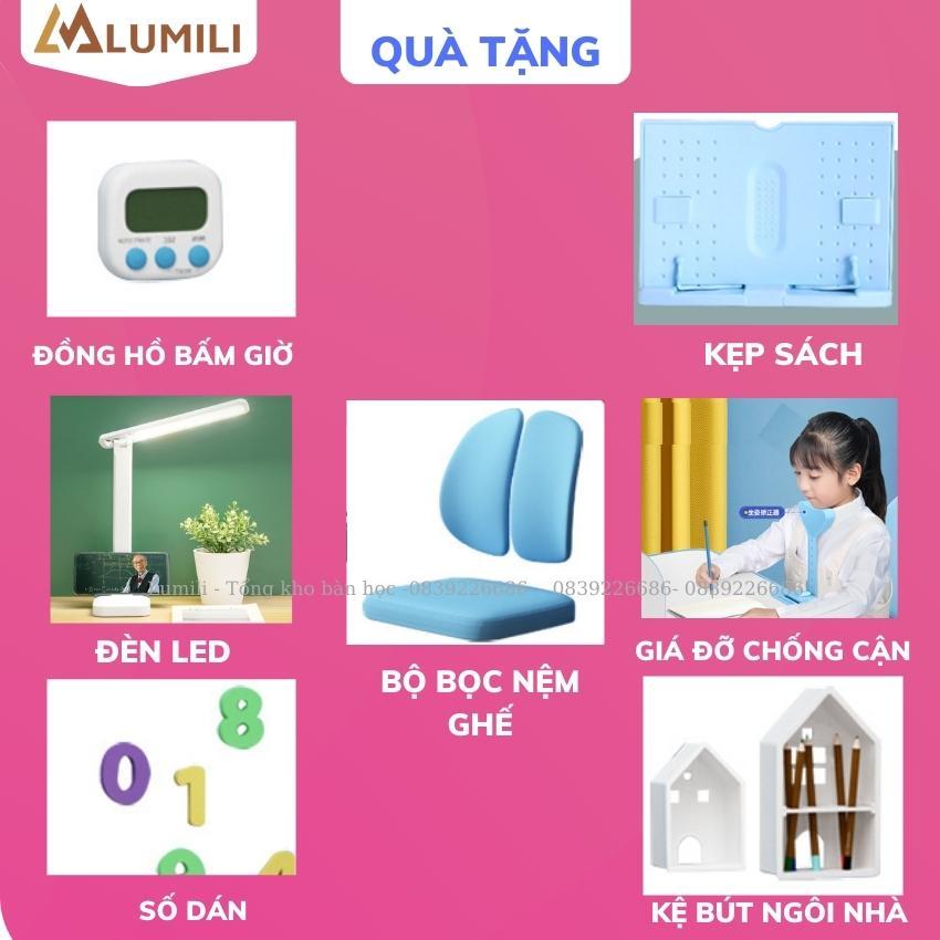 Bộ bàn ghế học sinh chống gù thông minh Lumili R20 nâng hạ tay quay điều chỉnh nghiêng mặt bàn chân bệ to