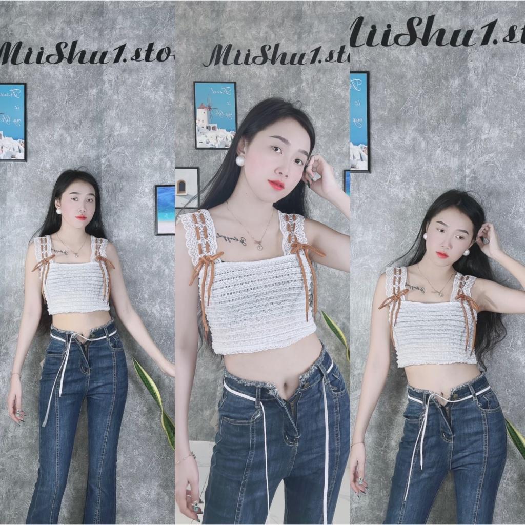 Áo Ren 2 Hai Dây Bản To Croptop Màu Trắng Phối Nơ Tiểu Thư