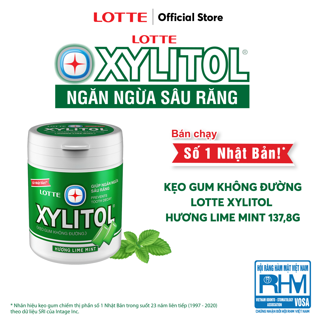 Kẹo Gum không đường Lotte Xylitol - Hương Lime Mint 130,5 g