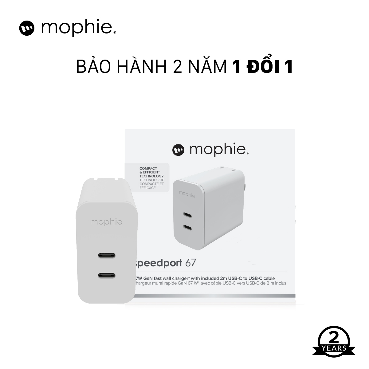 Sạc nhanh Mophie Power Delivery 67W 2 USB-C công nghệ GAN - Hàng chính hãng